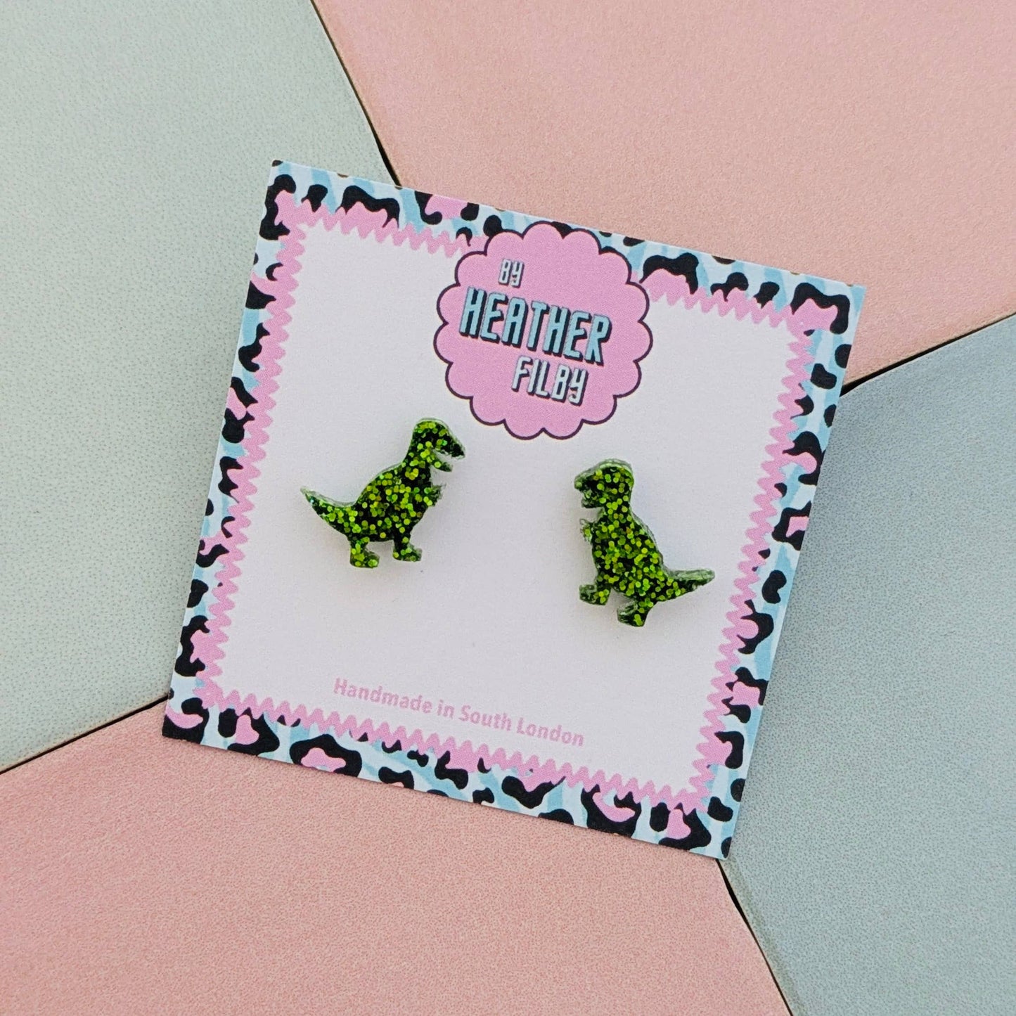 By Heather Filby | Glitter Stud Earrings | T-Rex Dinosaur