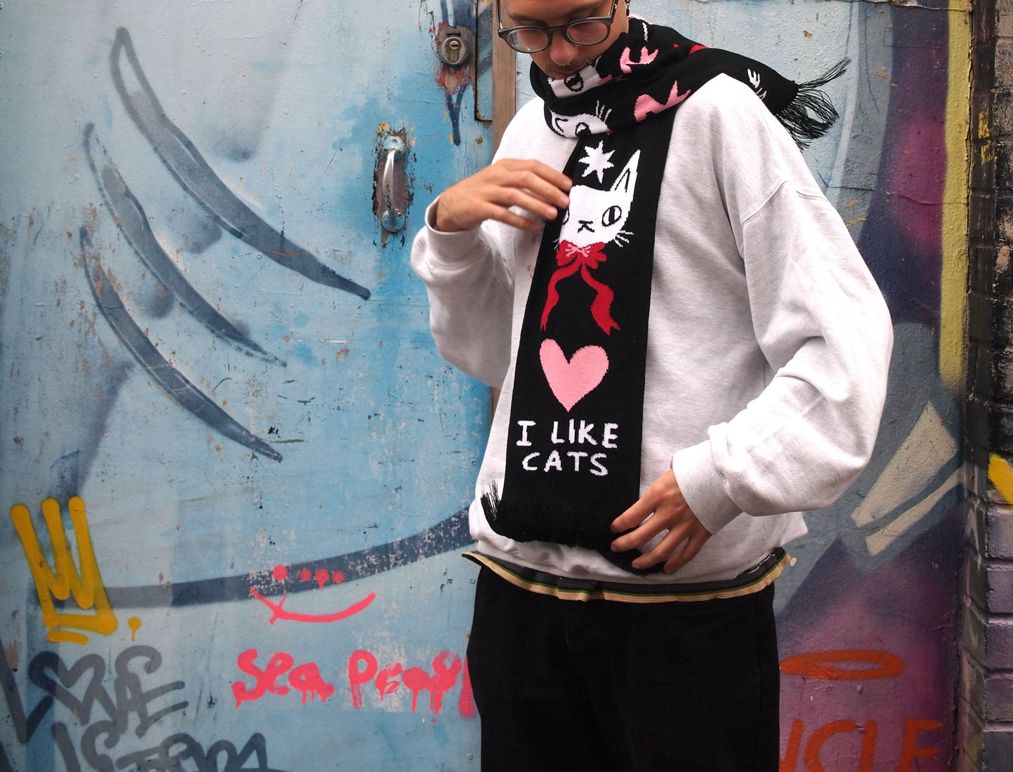 I Like Cats | I like cats knitted scarf, black scarf with cats