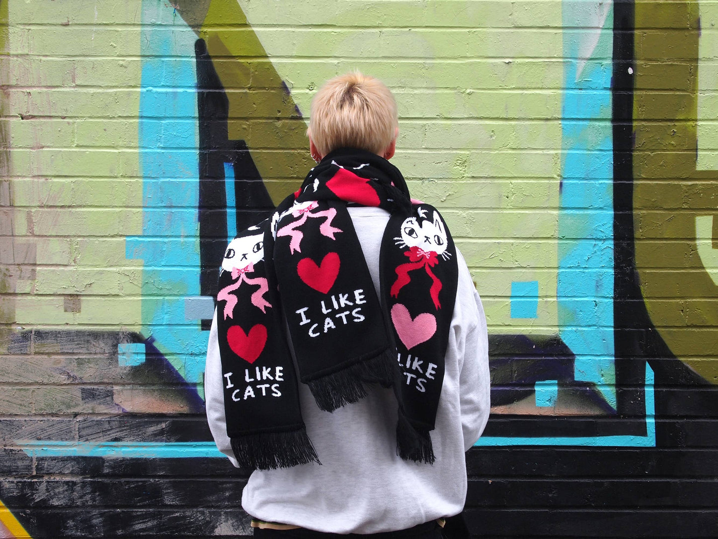 I Like Cats | I like cats knitted scarf, black scarf with cats
