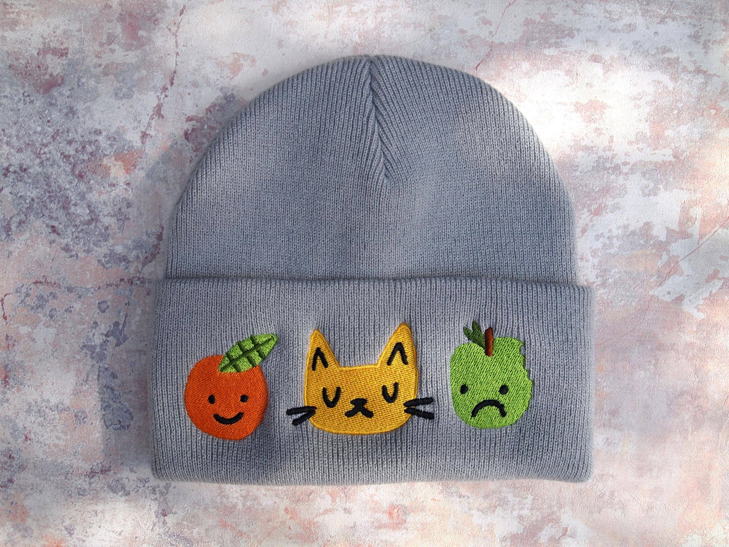 I LIKE CATS | Cat & Fruit Embroidered Knitted Beanie Hat | Grey