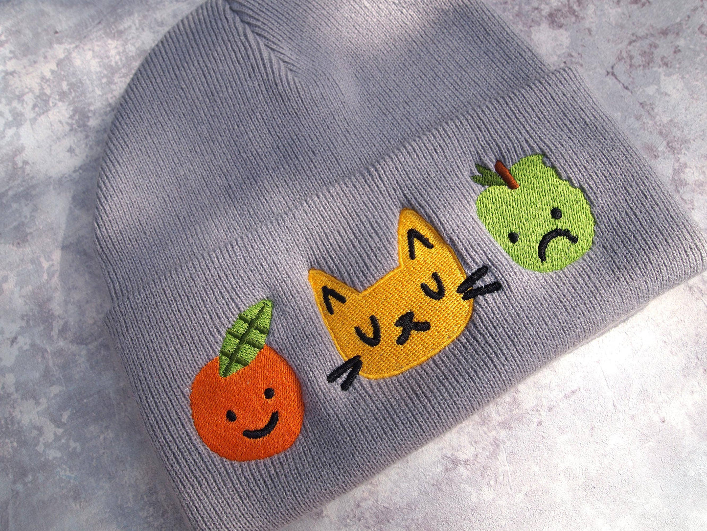 I LIKE CATS | Cat & Fruit Embroidered Knitted Beanie Hat | Grey