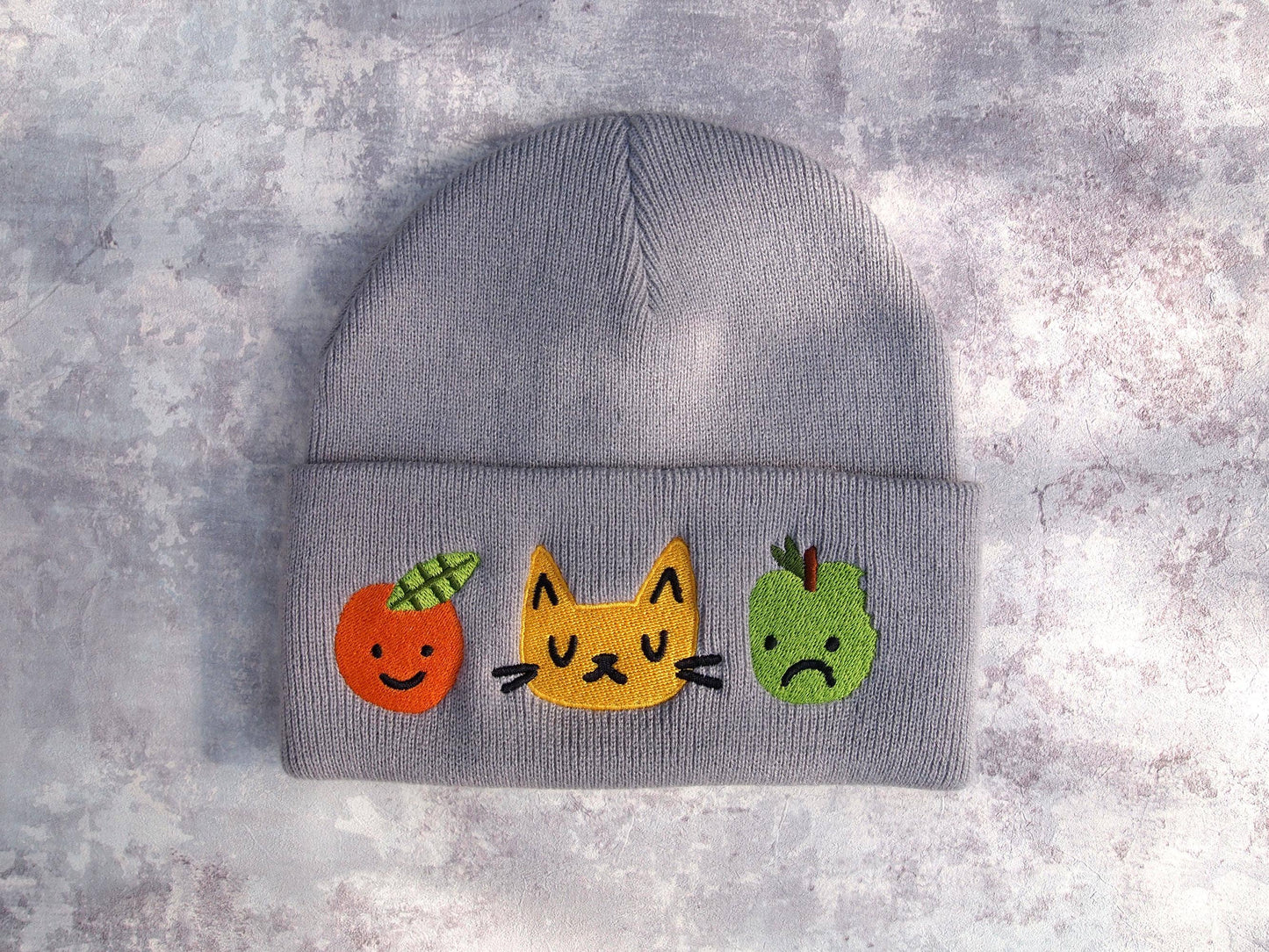 I LIKE CATS | Cat & Fruit Embroidered Knitted Beanie Hat | Grey