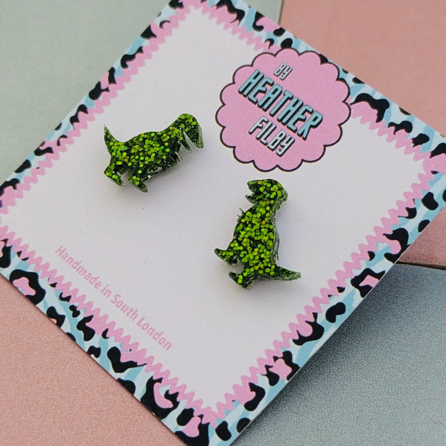 By Heather Filby | Glitter Stud Earrings | T-Rex Dinosaur
