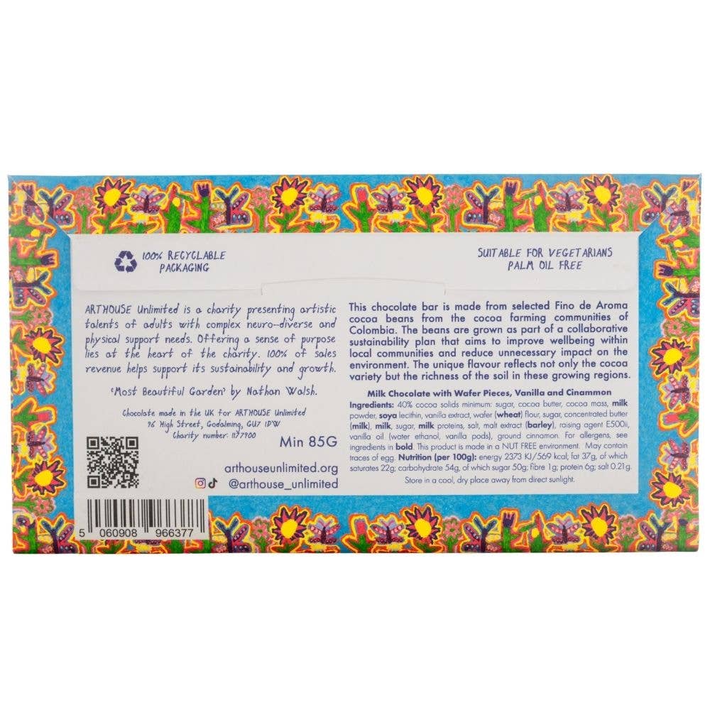 Arthouse Unlimited | Floral Bright, Dark Chocolate Bar with Orange & Popping Candy pieces Unlimited - Most Beautiful Garden, Milk Chocolate Bar with Wafer Pieces, Vanilla & Cinnamon