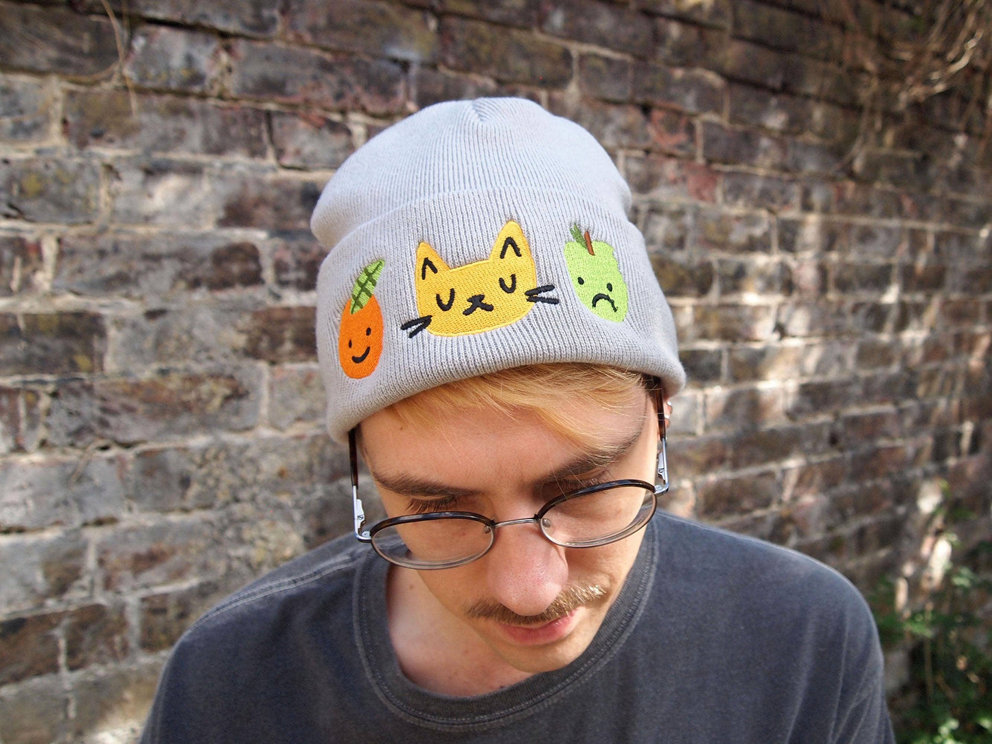 I LIKE CATS | Cat & Fruit Embroidered Knitted Beanie Hat | Grey