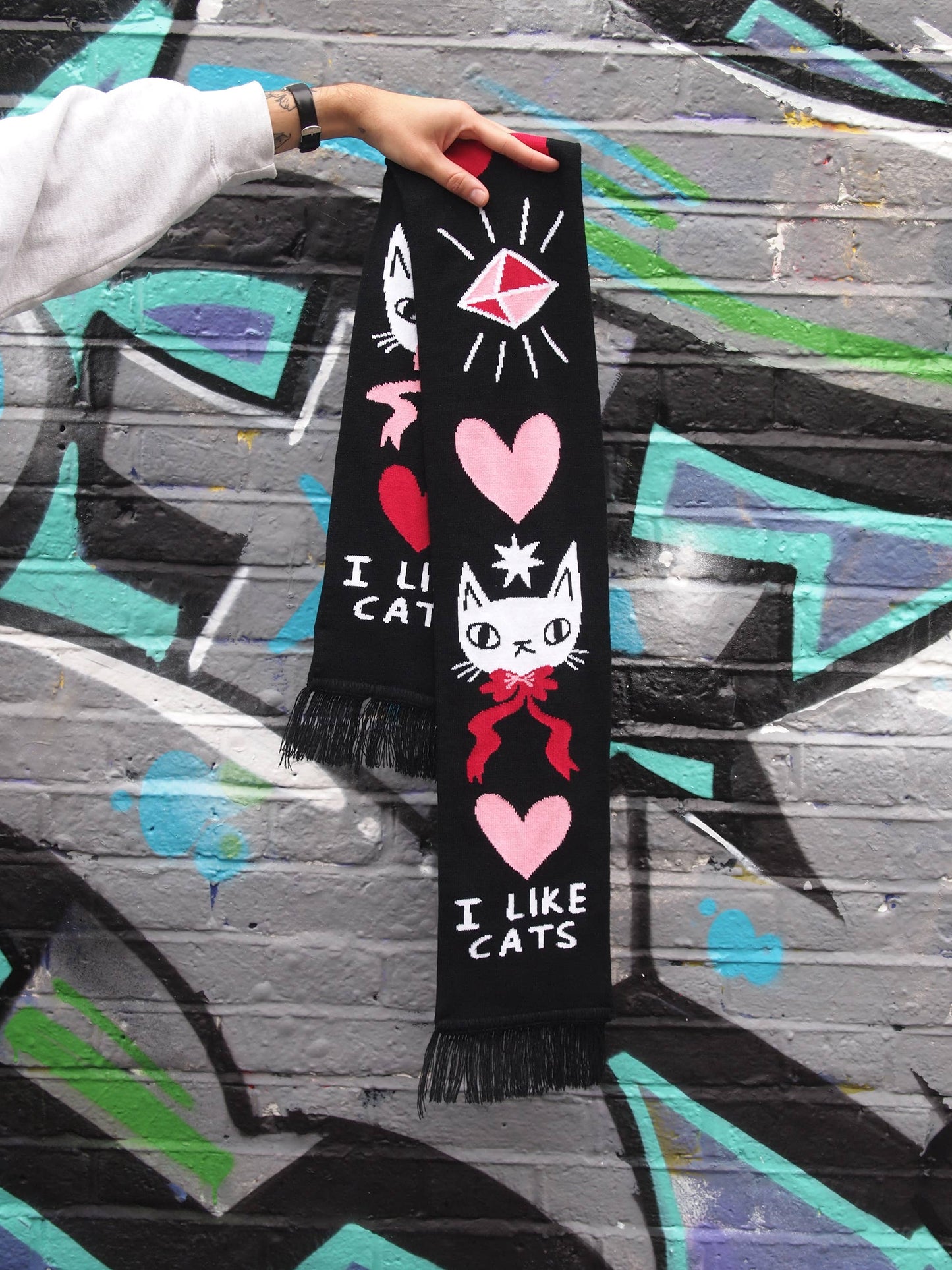 I Like Cats | I like cats knitted scarf, black scarf with cats