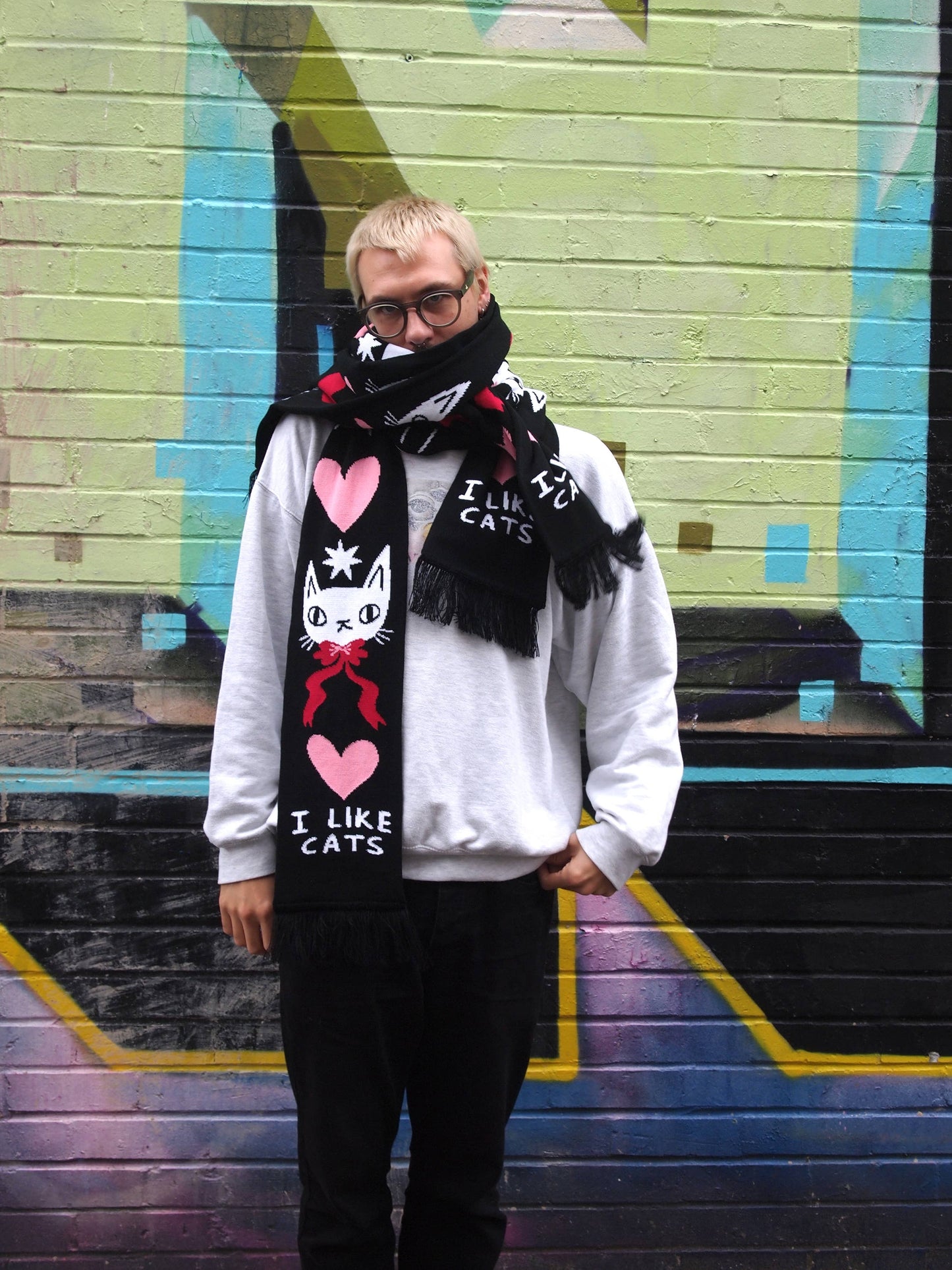 I Like Cats | I like cats knitted scarf, black scarf with cats