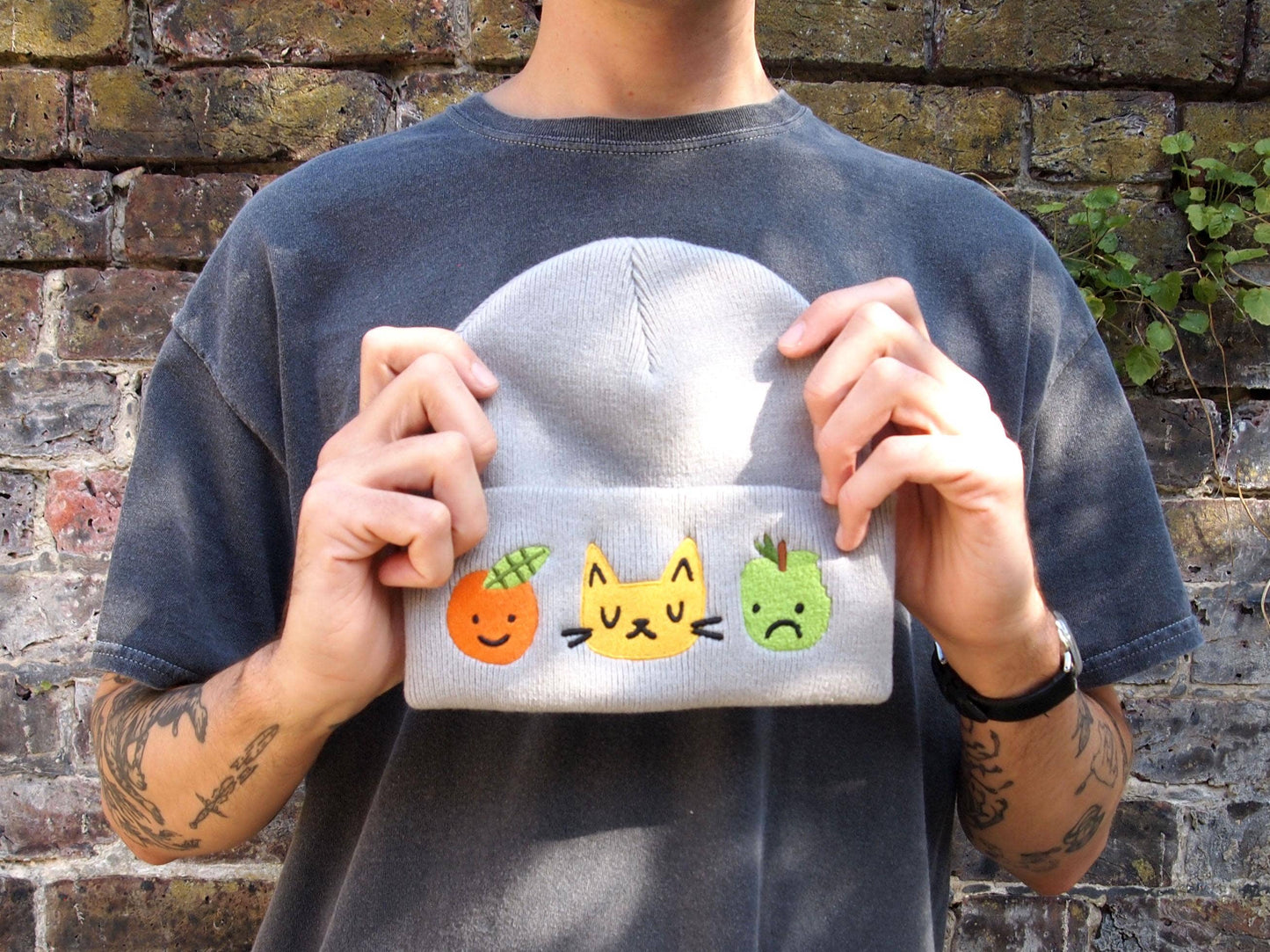 I LIKE CATS | Cat & Fruit Embroidered Knitted Beanie Hat | Grey