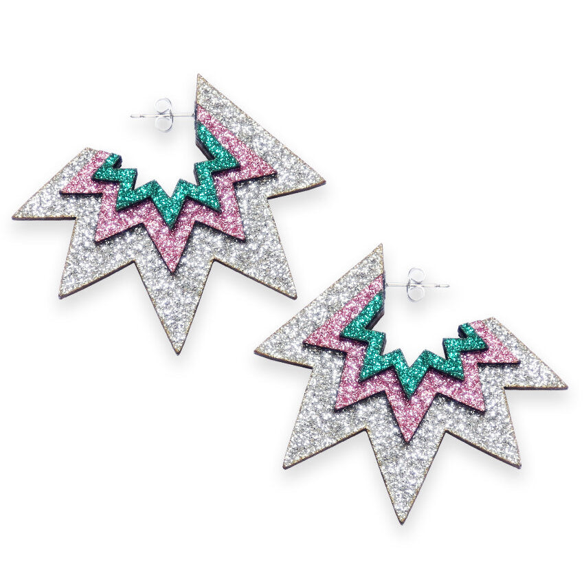 Kam Creates | Bang Bang Hoop Earrings (Silver, Emerald & Baby Pink)