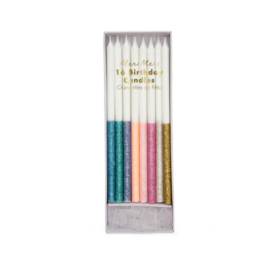 Meri Meri | Birthday Cake Candles | 16 x Multicoloured Glitter Dipped