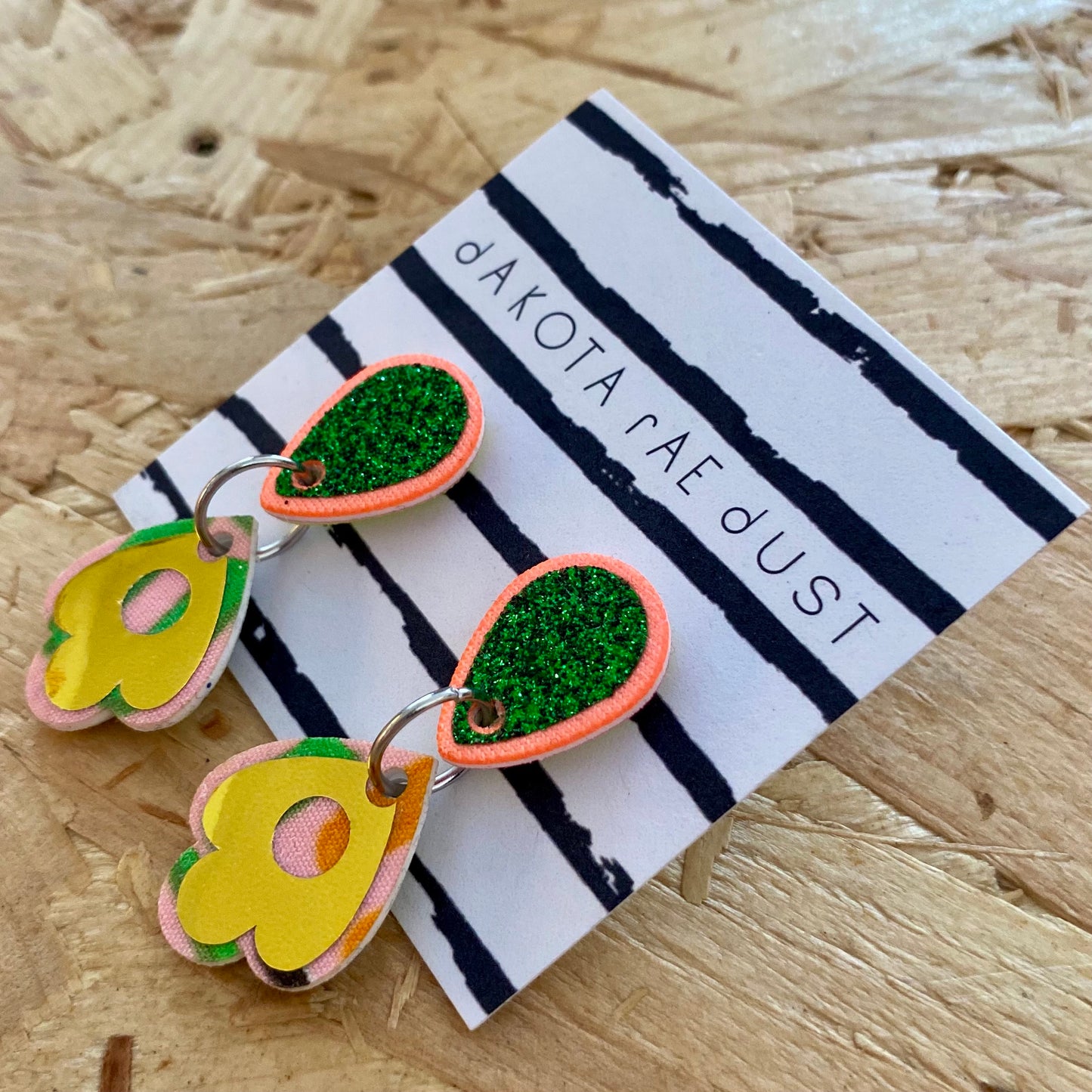 Dakota Rae Dust | Small Dangly Stud Earrings | Green, Peach & Gold