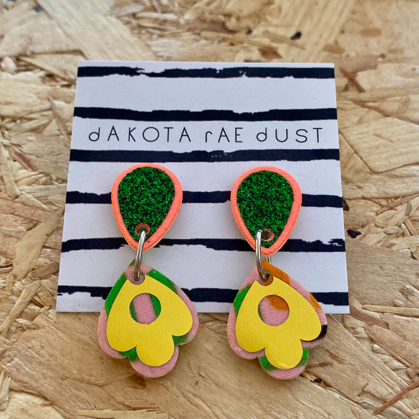 Dakota Rae Dust | Small Dangly Stud Earrings | Green, Peach & Gold