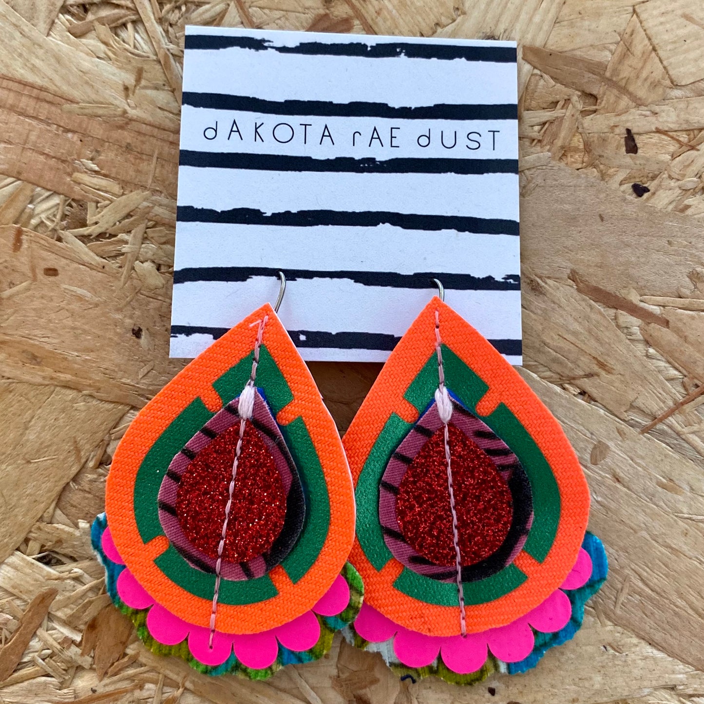 Dakota Rae Dust | Jazzy Plectrum Earrings | Orange, Green, Red & Pink