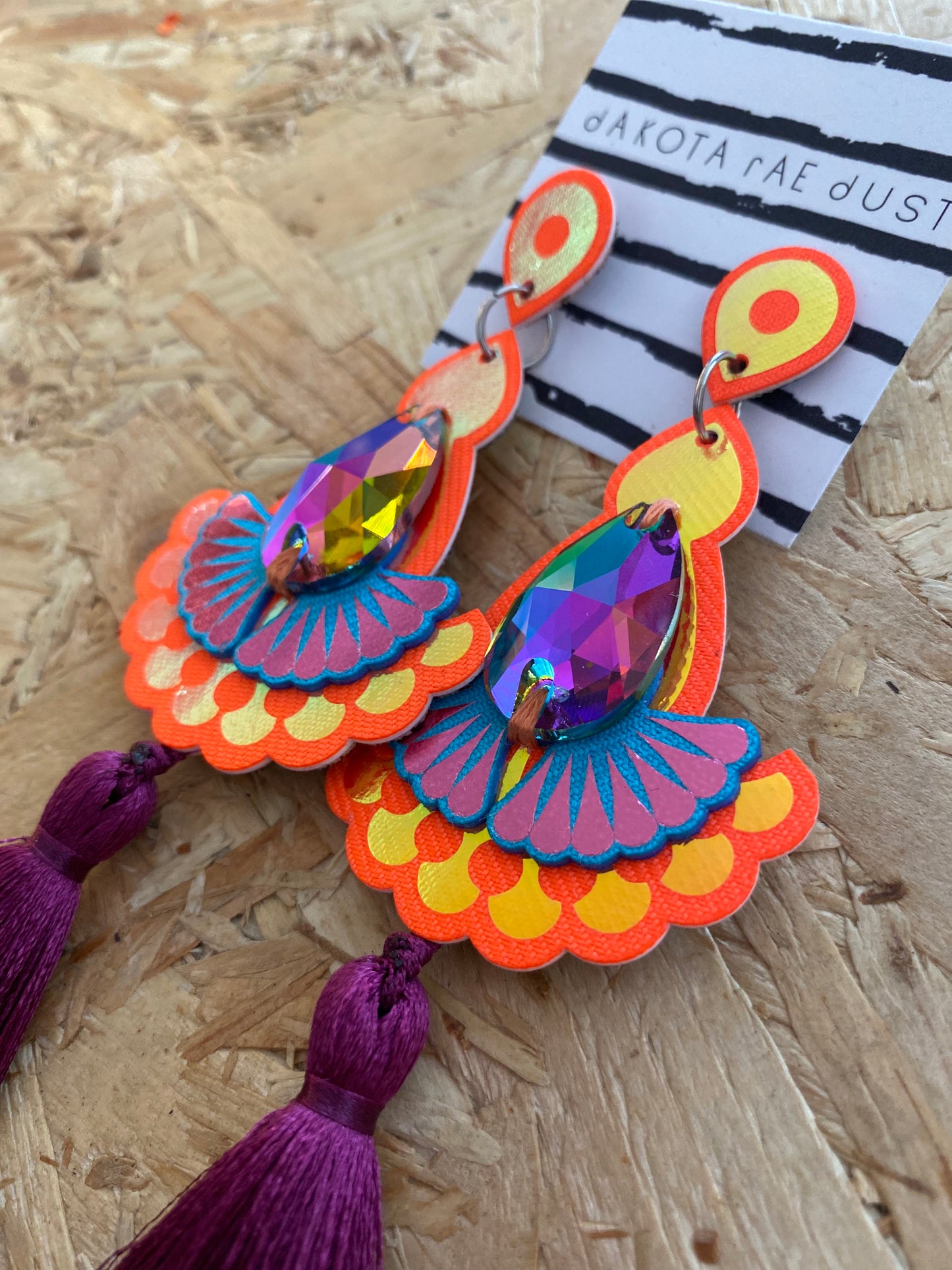 Dakota Rae Dust | Statement Jewel Tassel Earrings | Orange & Burgundy