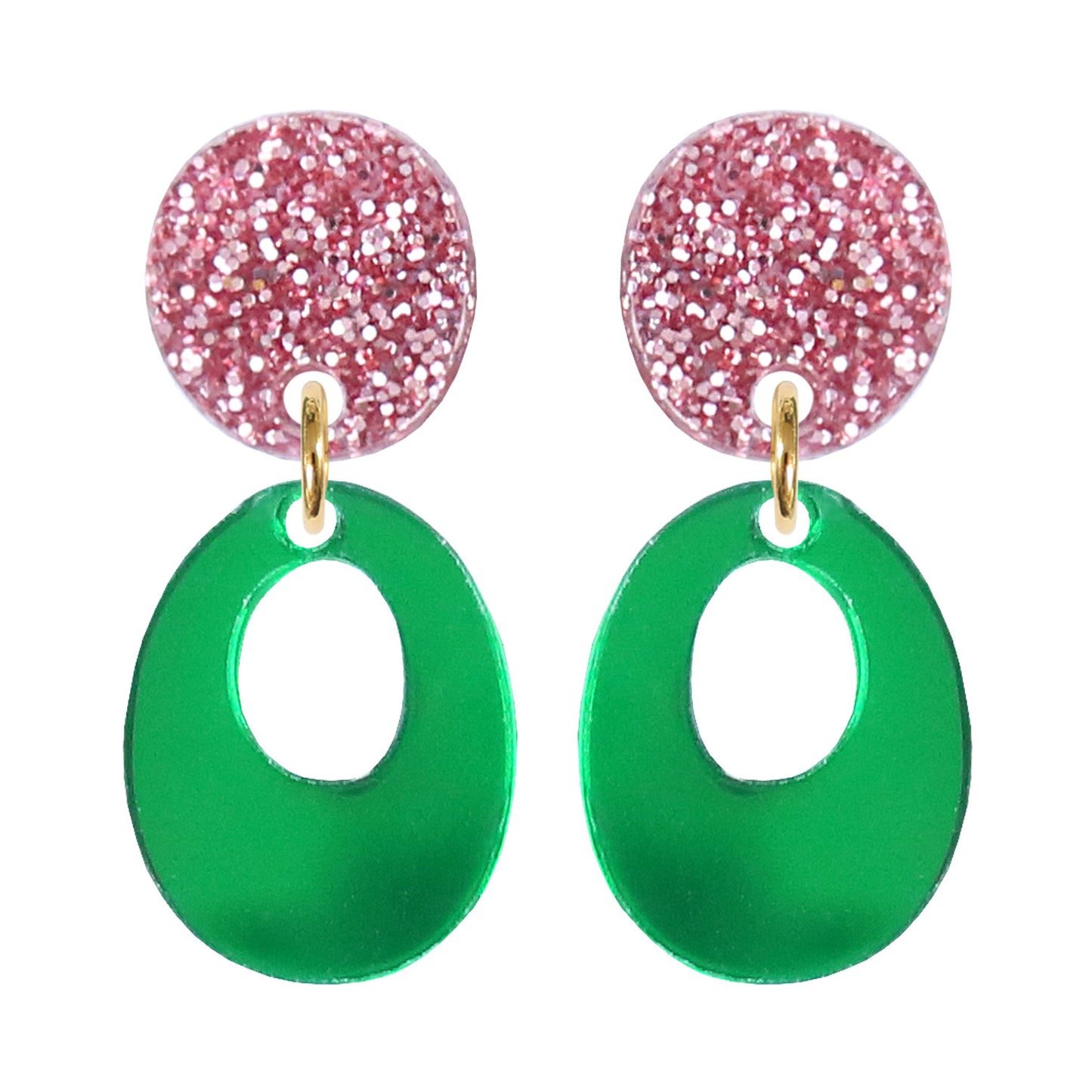 Kam Creates | Circle Drop Stud Earrings (Pink Glitter & Green Mirror)
