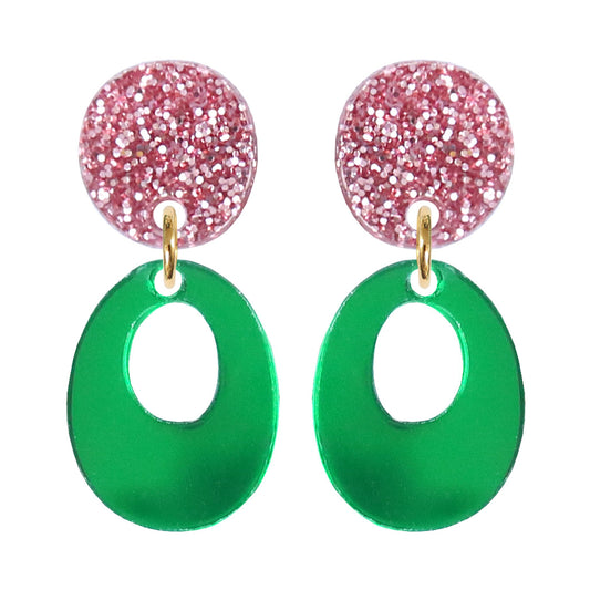 Kam Creates | Circle Drop Stud Earrings (Pink Glitter & Green Mirror)