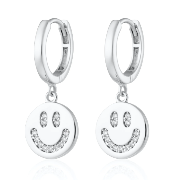 Scream Pretty | Smiley Face Huggie Hoop Earrings | Rhodium Plated Silver