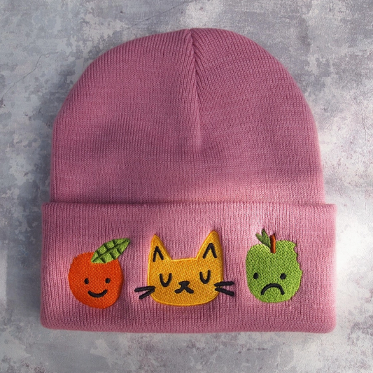 I Like Cats | Embroidered Knitted Beanie Hat | Cat & Fruit