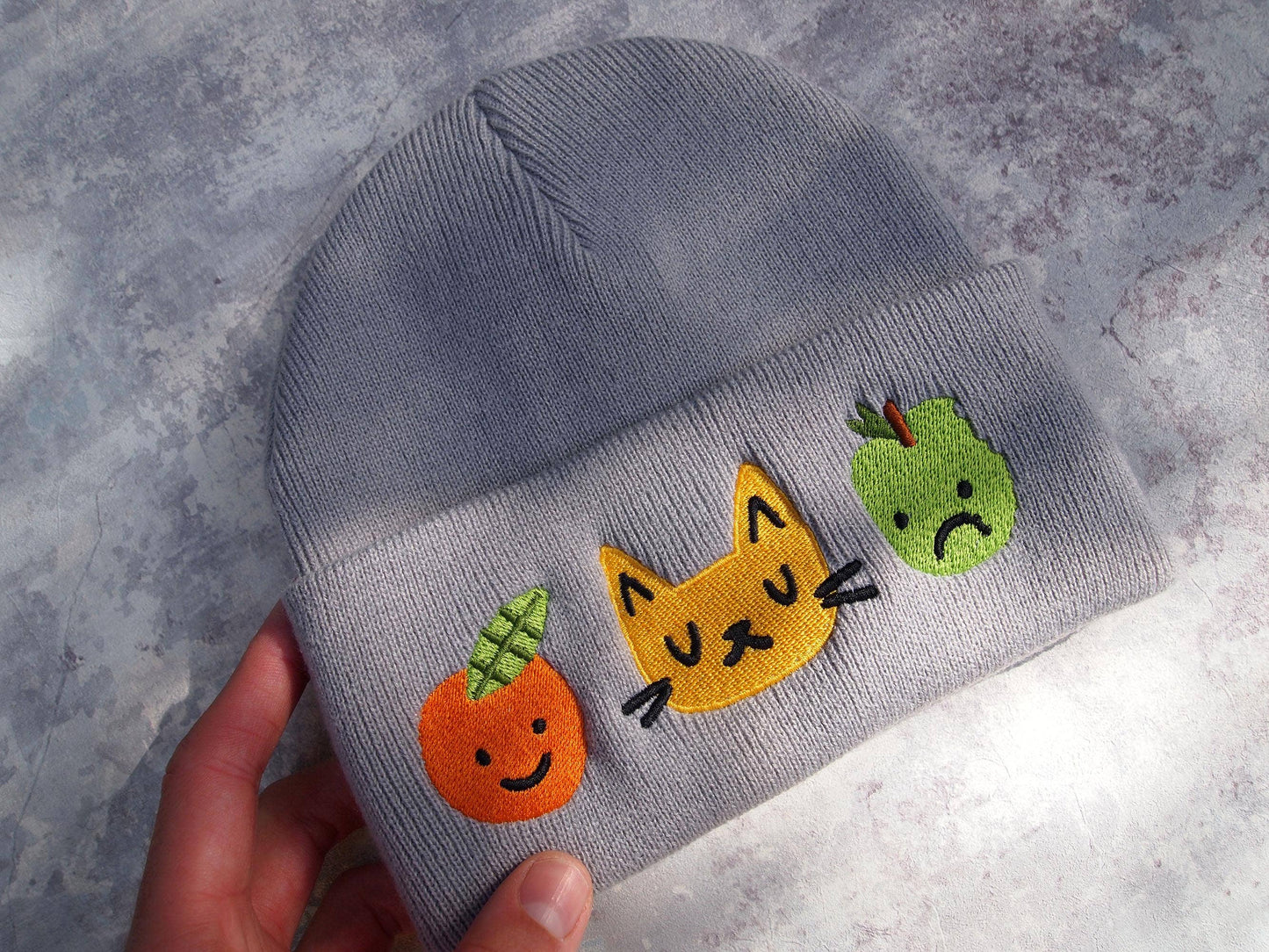 I LIKE CATS | Cat & Fruit Embroidered Knitted Beanie Hat | Grey