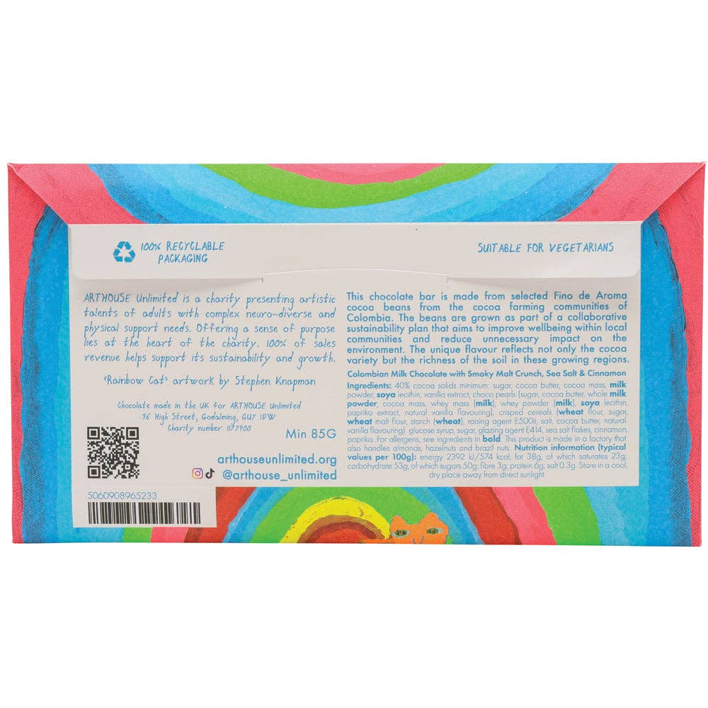 ARTHOUSE Unlimited Rainbow Cat | Milk Chocolate Bar with Smoky Malt Crunch, Sea Salt & Cinnamon