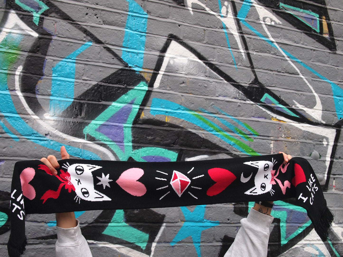 I Like Cats | I like cats knitted scarf, black scarf with cats