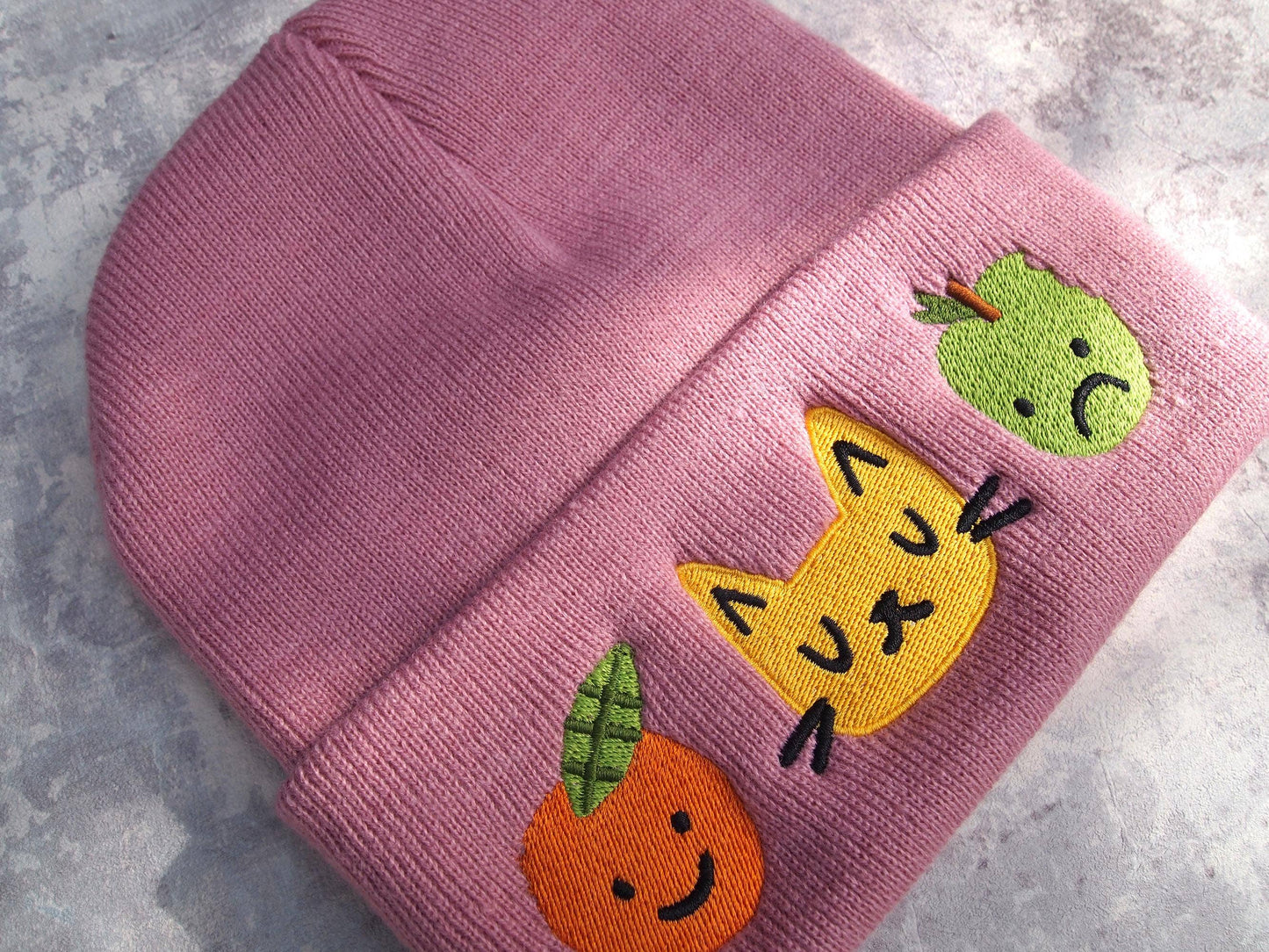 I Like Cats | Embroidered Knitted Beanie Hat | Cat & Fruit