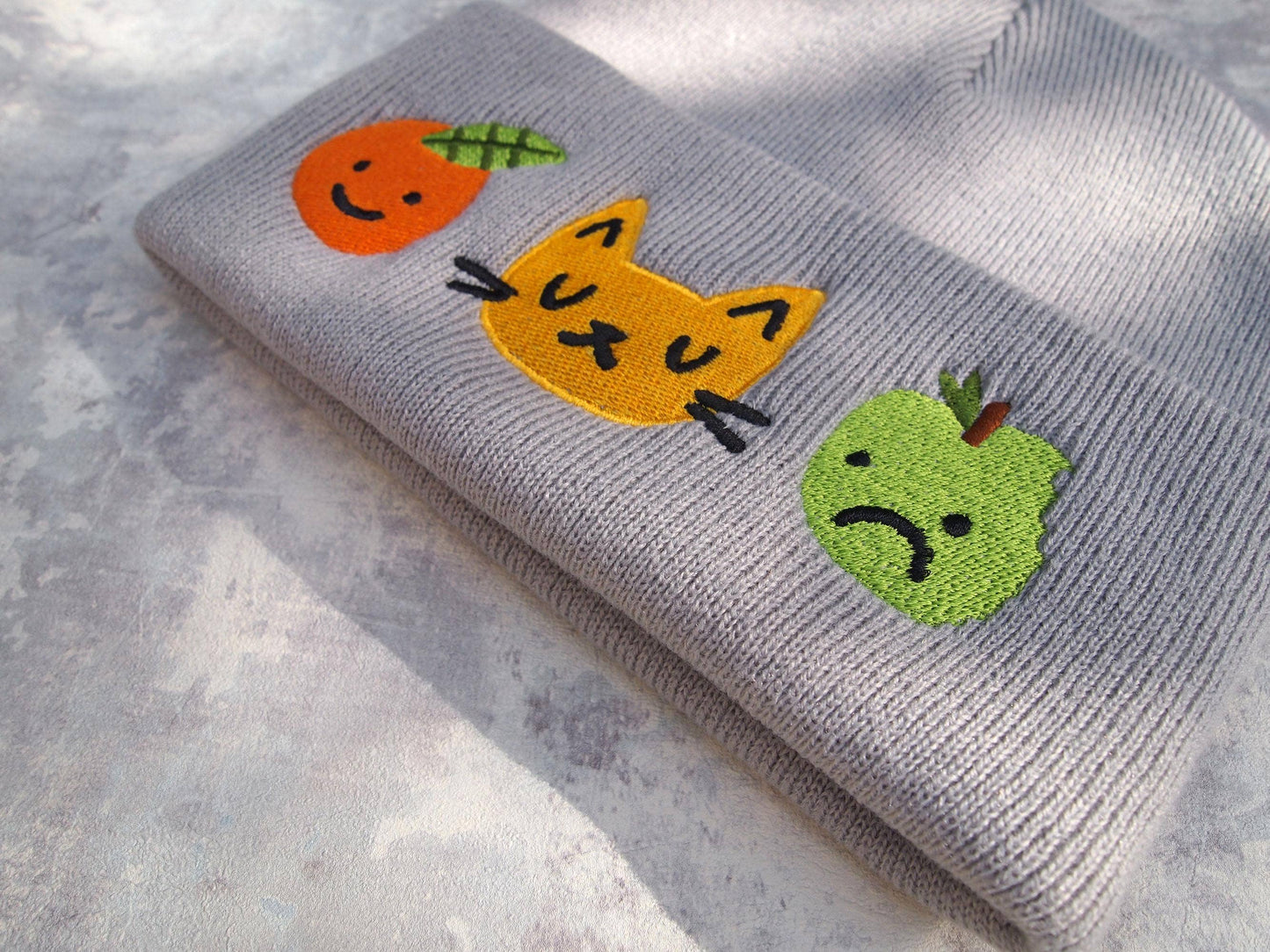 I LIKE CATS | Cat & Fruit Embroidered Knitted Beanie Hat | Grey