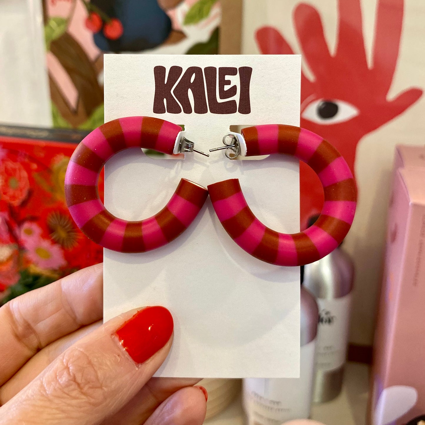 Kalei | STRIPED HOOP Statement Earrings | Burgundy & Hot Pink