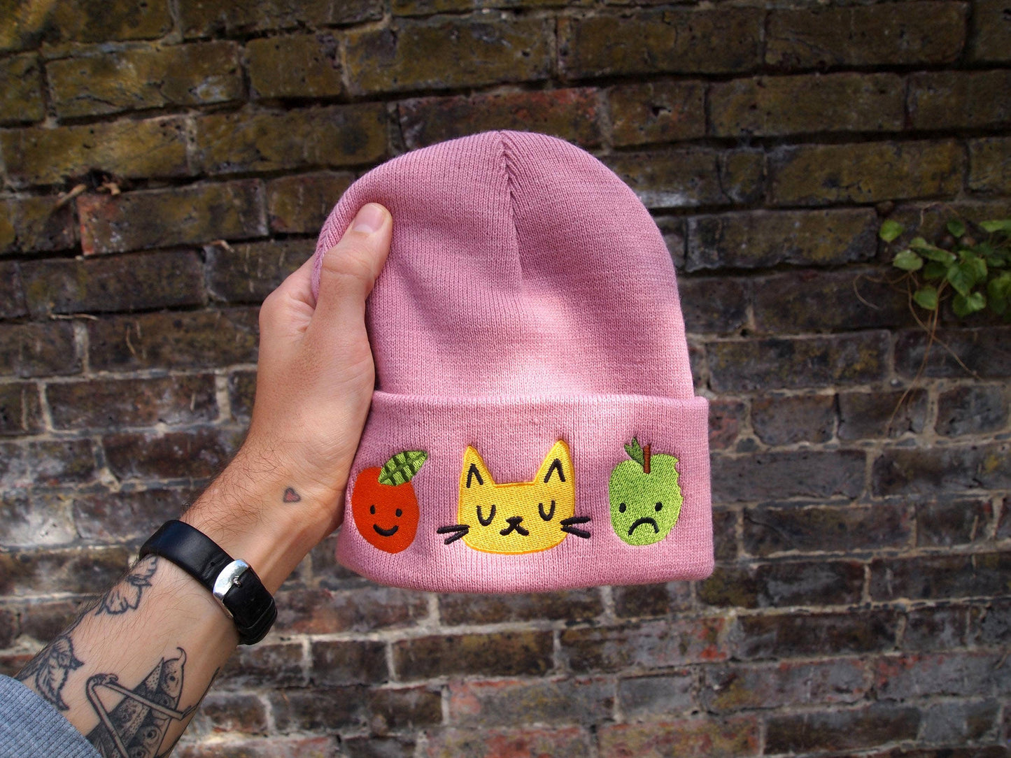 I Like Cats | Embroidered Knitted Beanie Hat | Cat & Fruit
