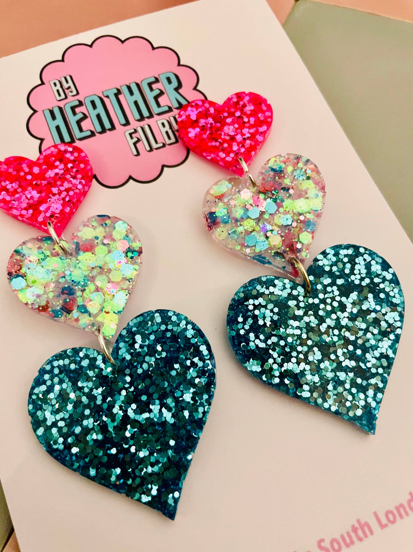 By Heather Filby | Glitzy Glitter Earrings | Triple Heart