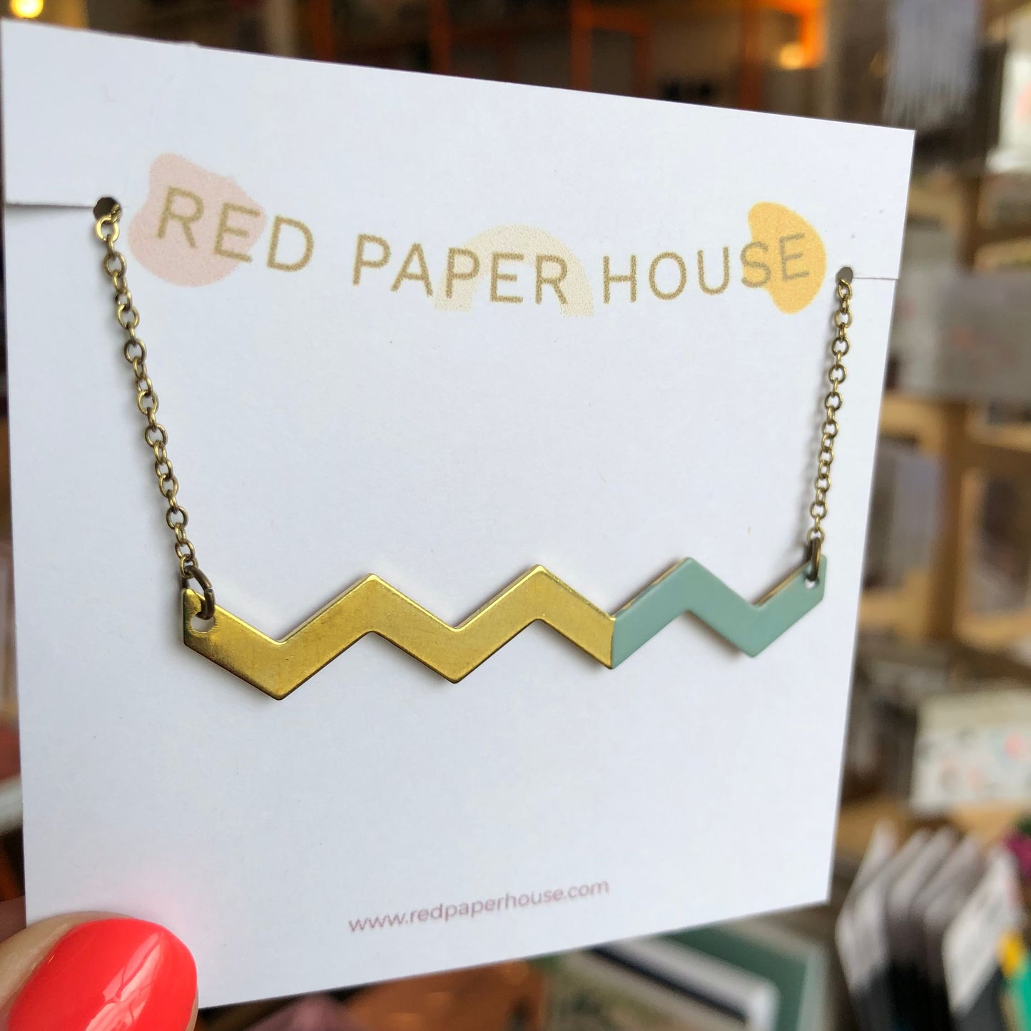 Red Paper House | Brass Zig Zag Wavy Necklace with Sage Accent