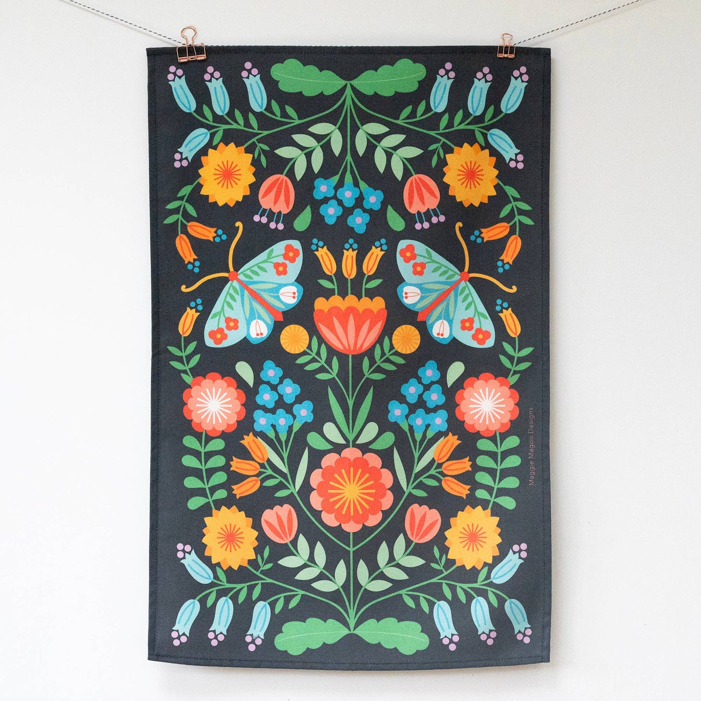 Maggie Magoo | Tea Towel | Black Moths & Flowers