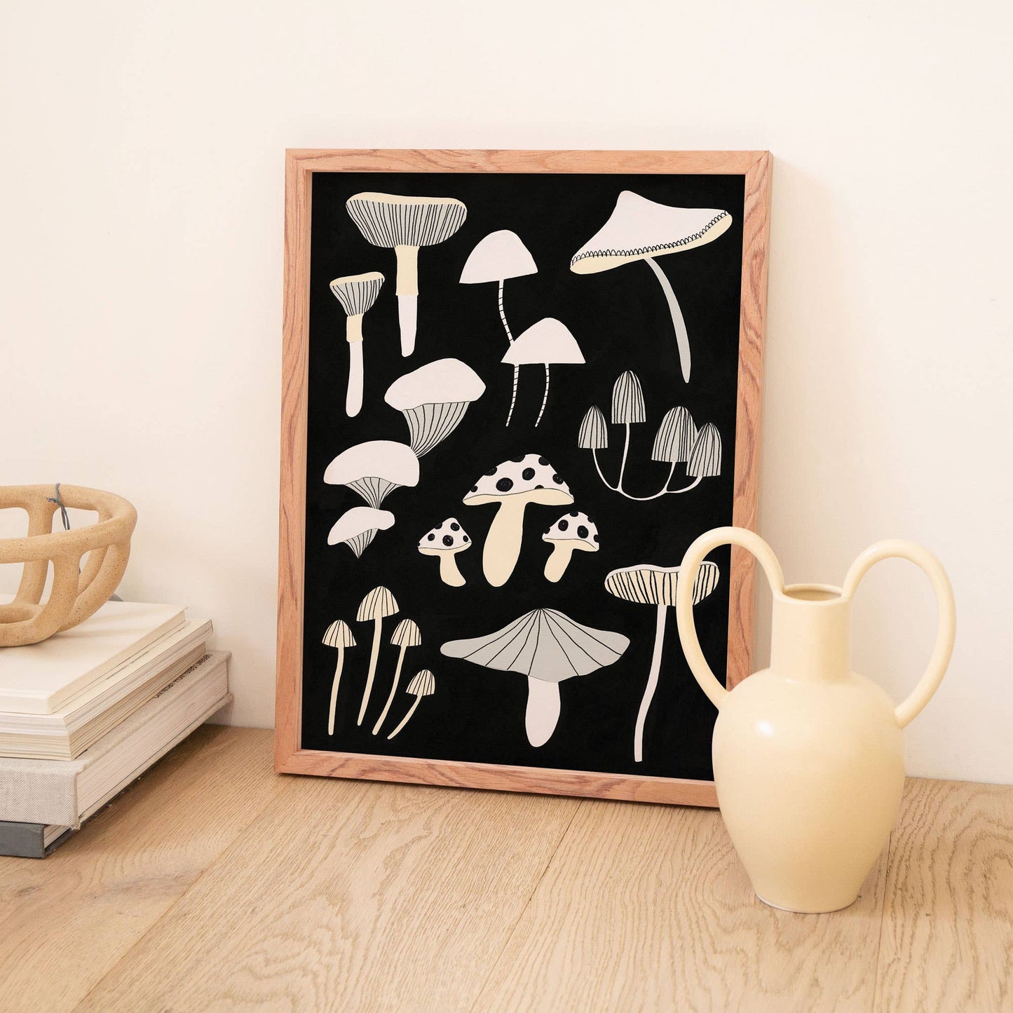 Little Black Cat | A4 Print | Black And White Mushrooms