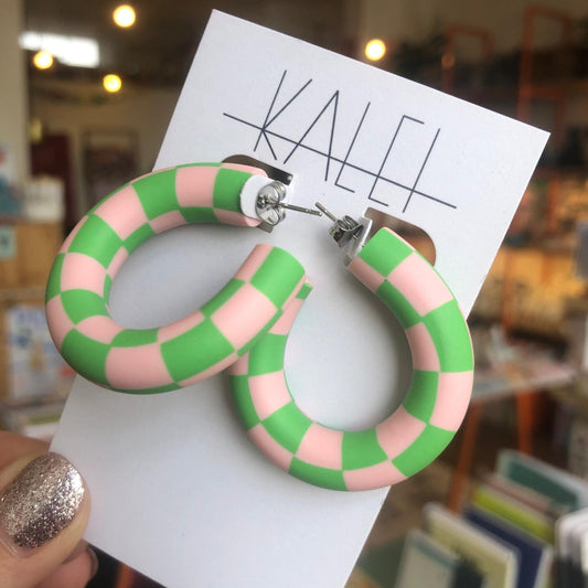 Kalei | Checkerboard Statement Earrings | Pink & Green