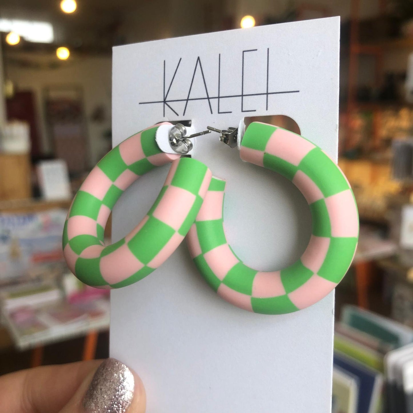 Kalei | Checkerboard Statement Earrings | Pink & Green