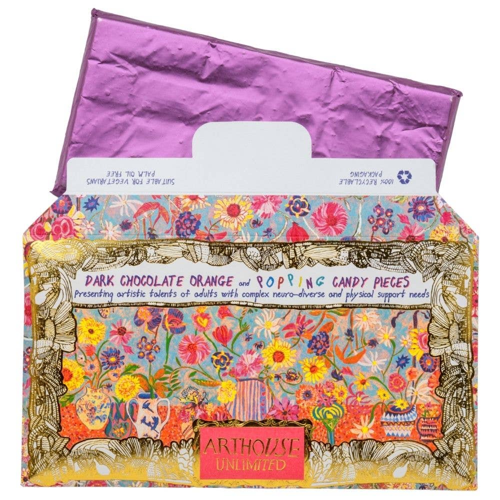 Arthouse Unlimited | Floral Bright, Dark Chocolate Bar with Orange & Popping Candy pieces