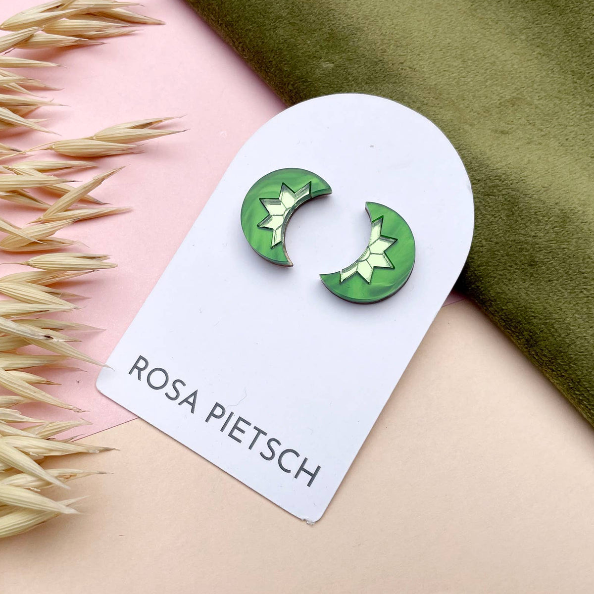 Rosa Pietsch | Aurora Mini Moon Stud Earrings | Green Marble
