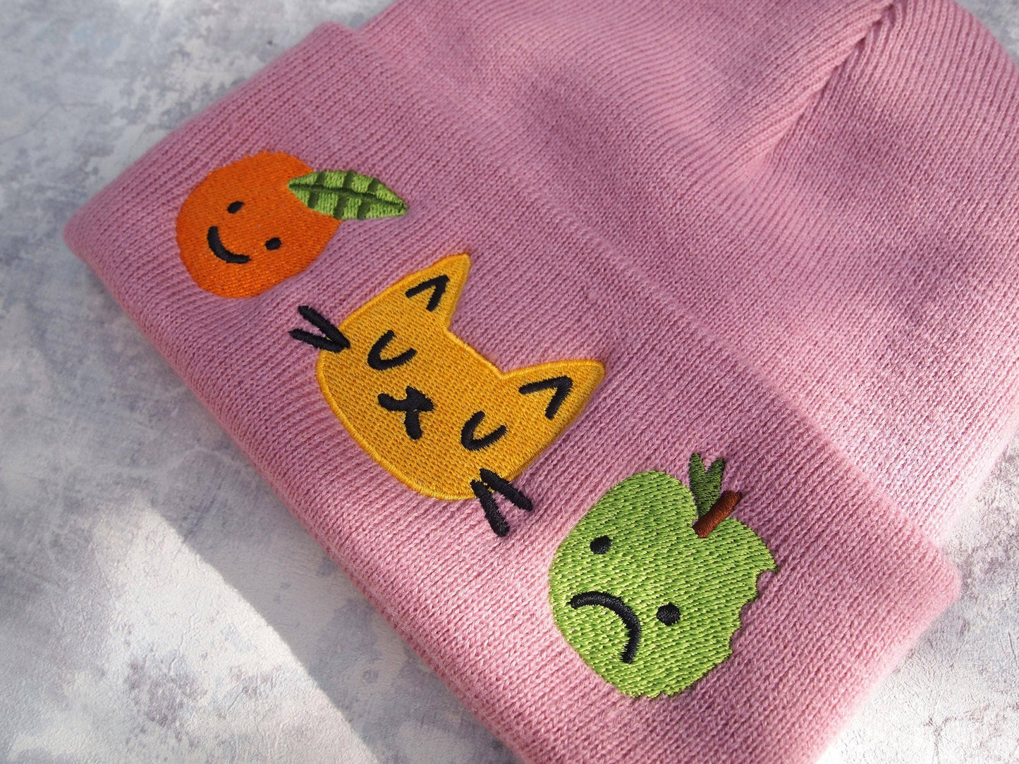 I Like Cats | Embroidered Knitted Beanie Hat | Cat & Fruit