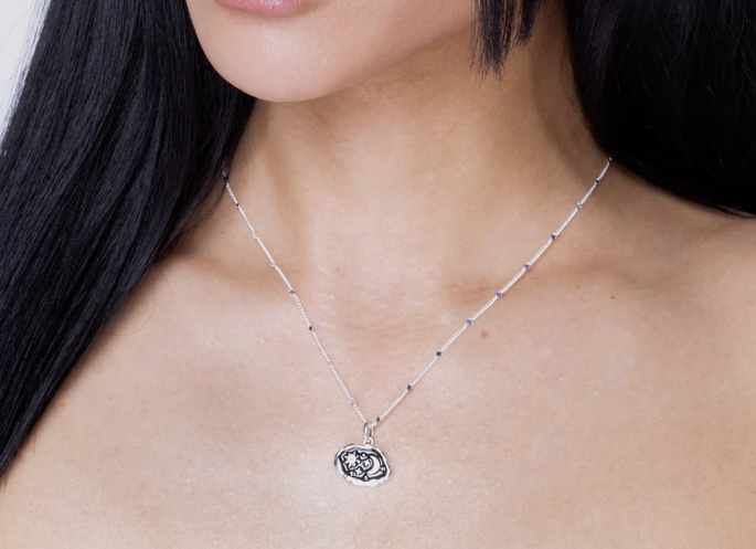 Vurchoo | 1013 Peru | Midnight Scene Rose Quartz and Black Enamel Silver Necklace