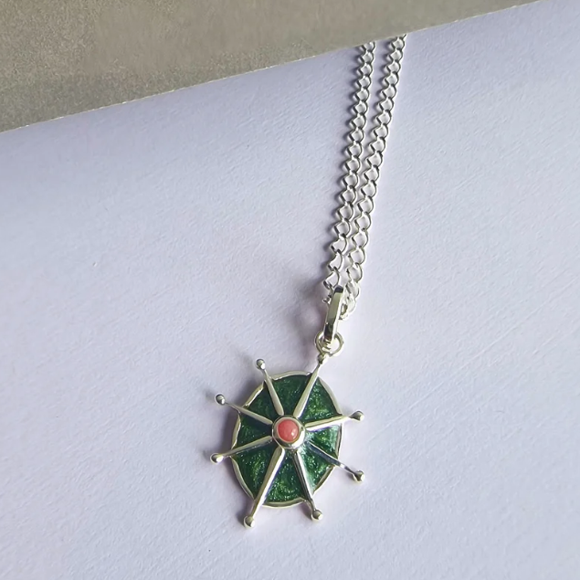 Vurchoo | 1015 Thailand | Pink Rhodonite and Green Enamel 8 Point Star Silver Necklace