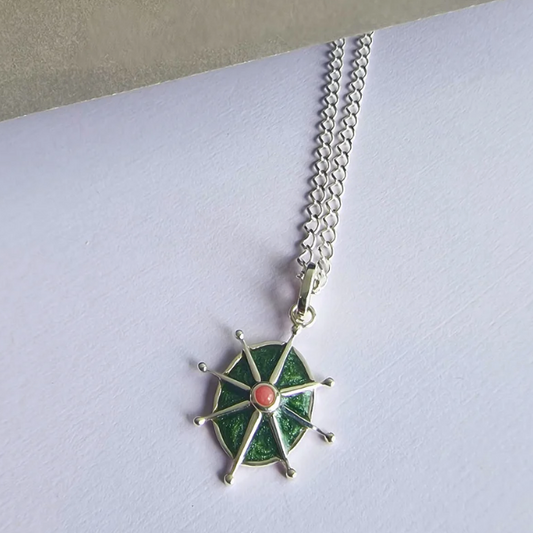 Vurchoo | 1015 Thailand | Pink Rhodonite and Green Enamel 8 Point Star Silver Necklace