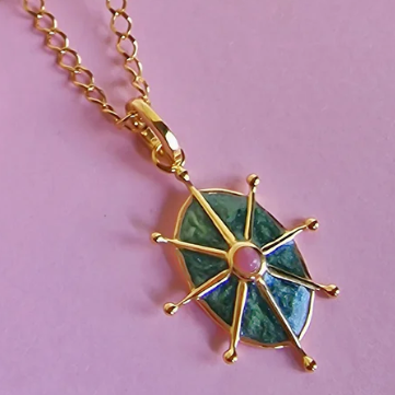 Vurchoo | 1016 Thailand | Pink Rhodonite and Green Enamel 8 Point Star Gold Necklace