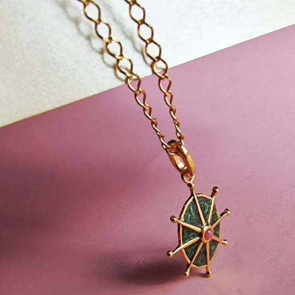 Vurchoo | 1016 Thailand | Pink Rhodonite and Green Enamel 8 Point Star Gold Necklace