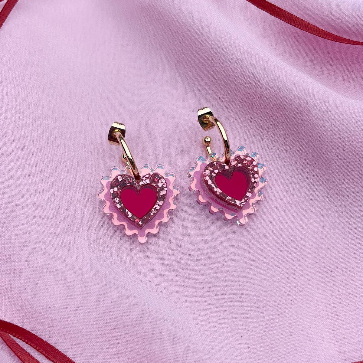 Rosa Pietsch | Mini Wiggle Heart Hoop Earrings | Rose, Red and Iridescent
