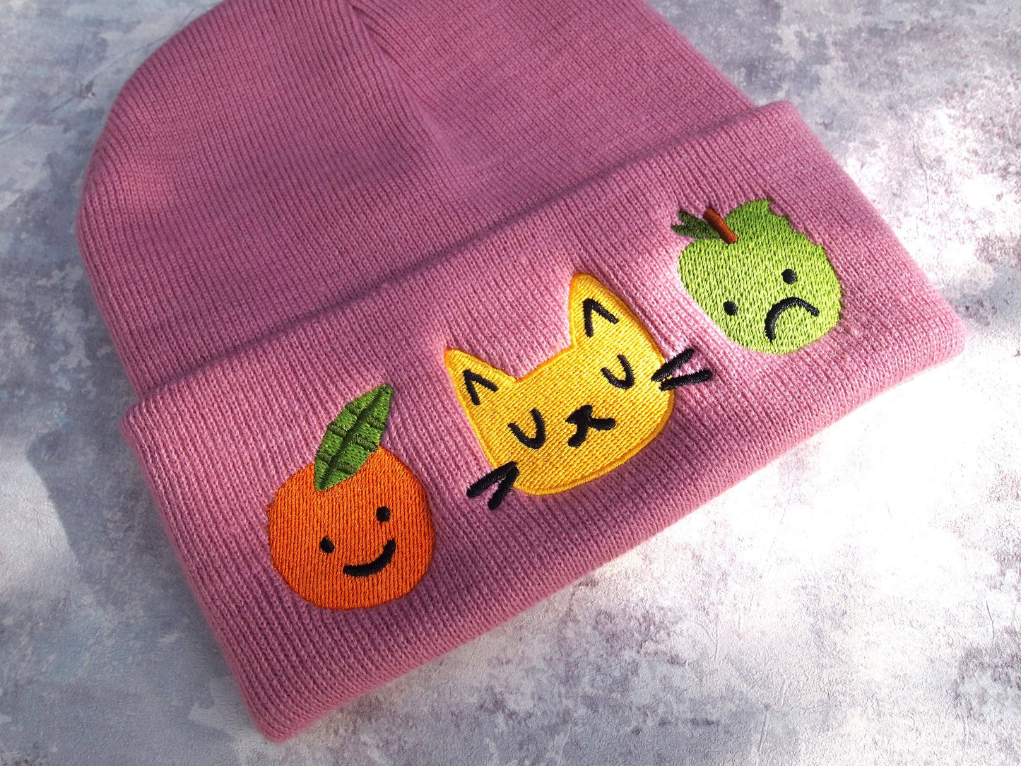 I Like Cats | Embroidered Knitted Beanie Hat | Cat & Fruit