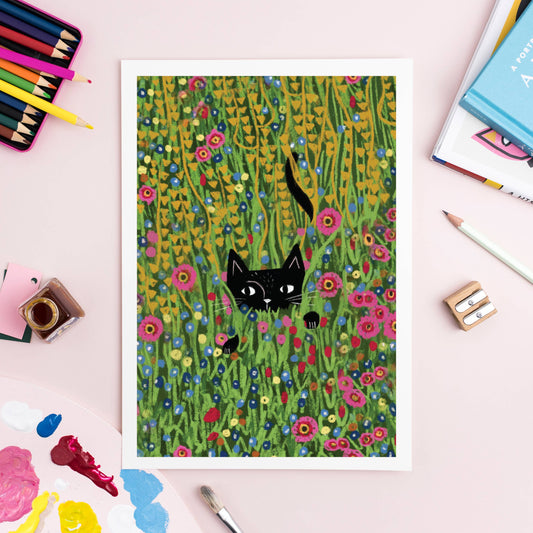 Niaski | A4 Print | Cat Hiding in a Klimt Garden