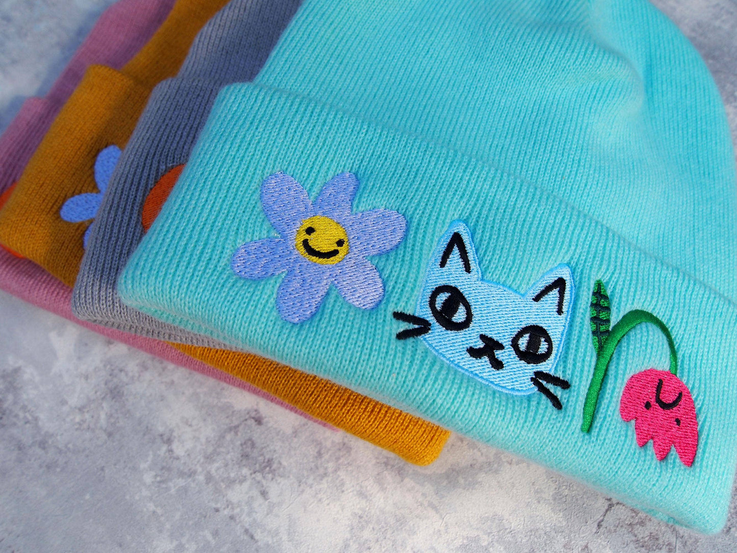 I Like Cats | Embroidered Knitted Beanie Hat | Cat & Flowers
