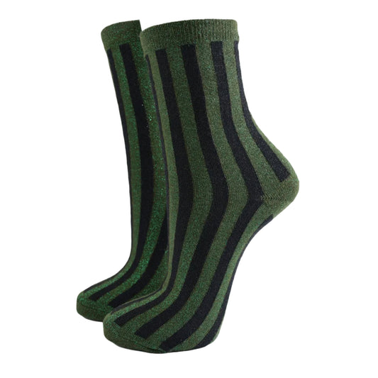 Sock Talk | Women's Glitter Socks | Khaki/Black, Vertical Stripe | UK 3-7