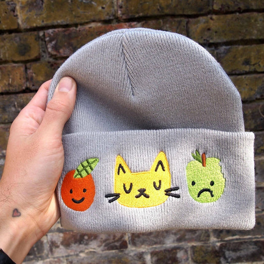 I LIKE CATS | Cat & Fruit Embroidered Knitted Beanie Hat | Grey