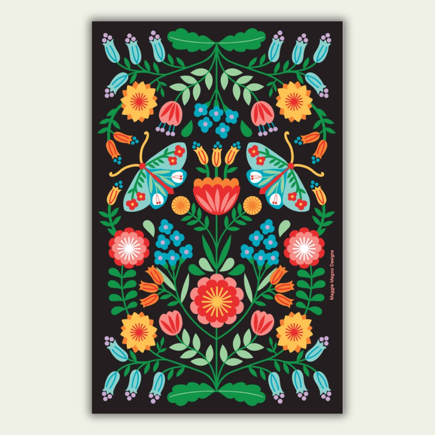 Maggie Magoo | Tea Towel | Black Moths & Flowers
